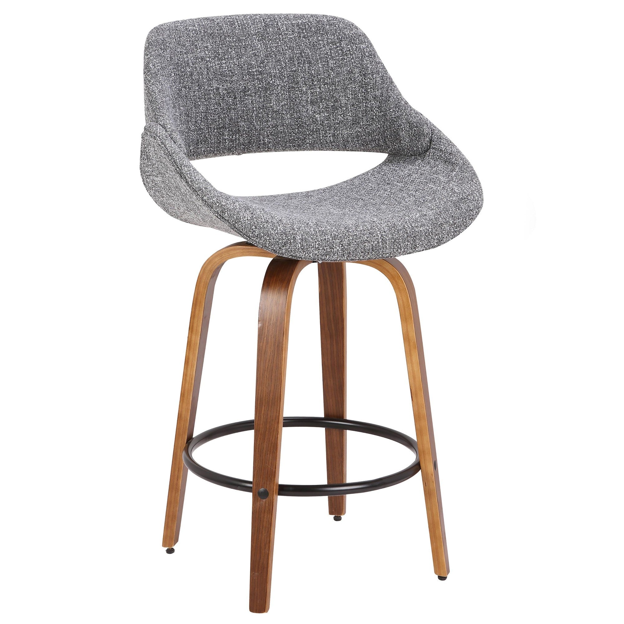 Fabrico 26" Fixed-Height Counter Stool - Set of 3 - Walnut Wood, Grey Noise Fabric, Black Metal