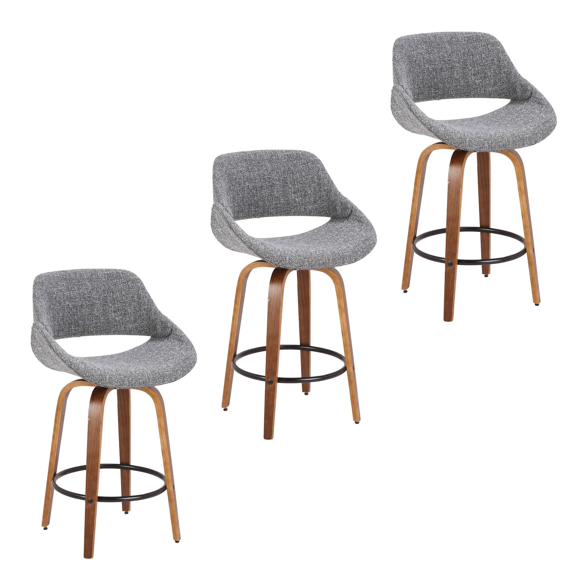 Fabrico 26" Fixed-Height Counter Stool - Set of 3 - Walnut Wood, Grey Noise Fabric, Black Metal