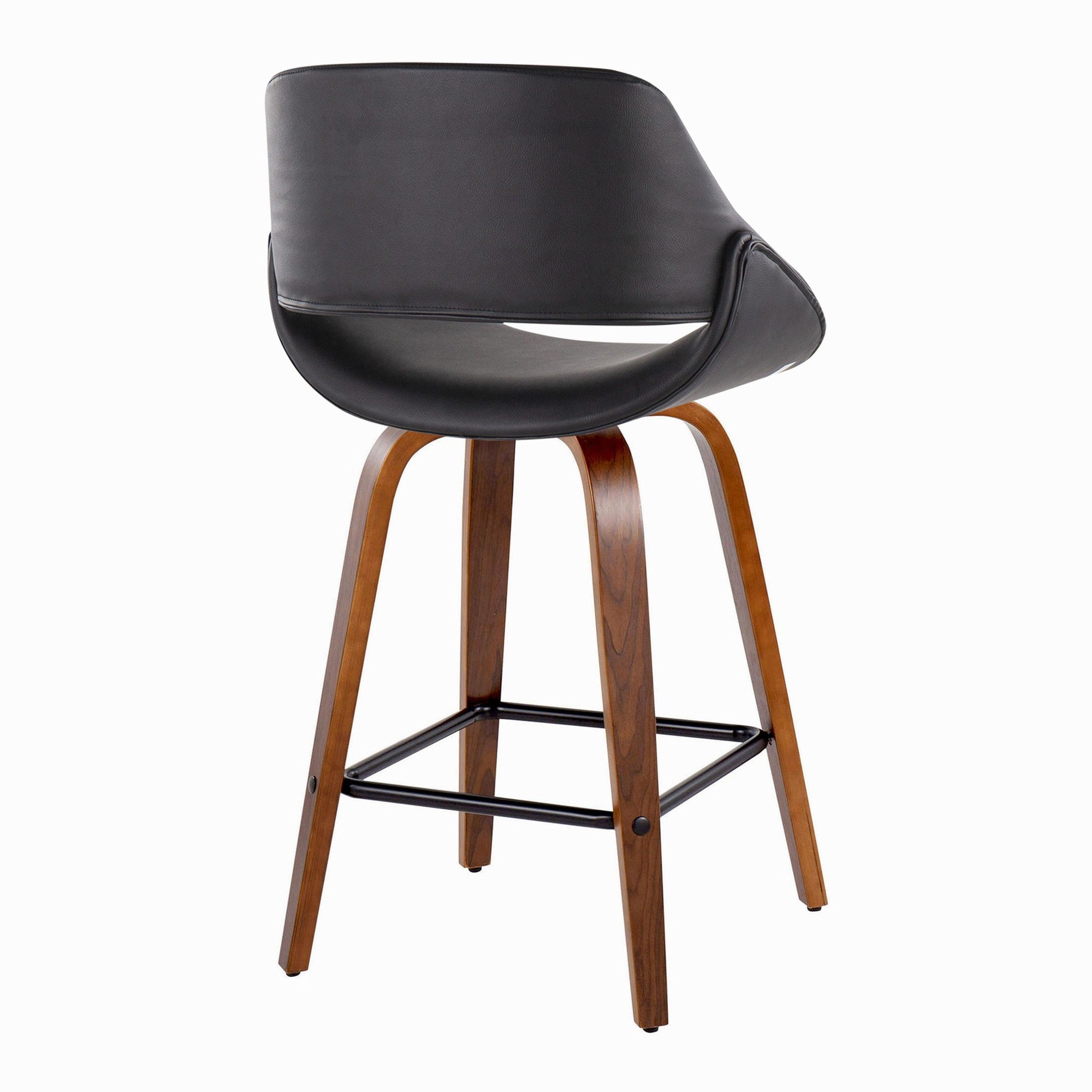 Fabrico 26" Fixed-Height Counter Stool -  Set of 2 - Walnut Wood, Black PU, Black Metal