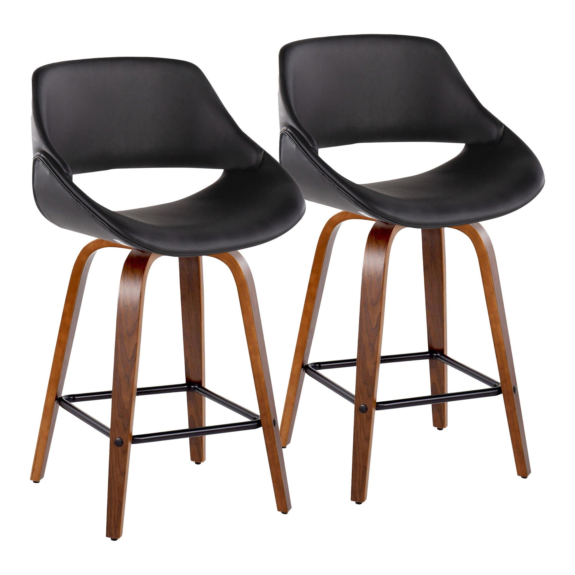Fabrico 26" Fixed-Height Counter Stool -  Set of 2 - Walnut Wood, Black PU, Black Metal