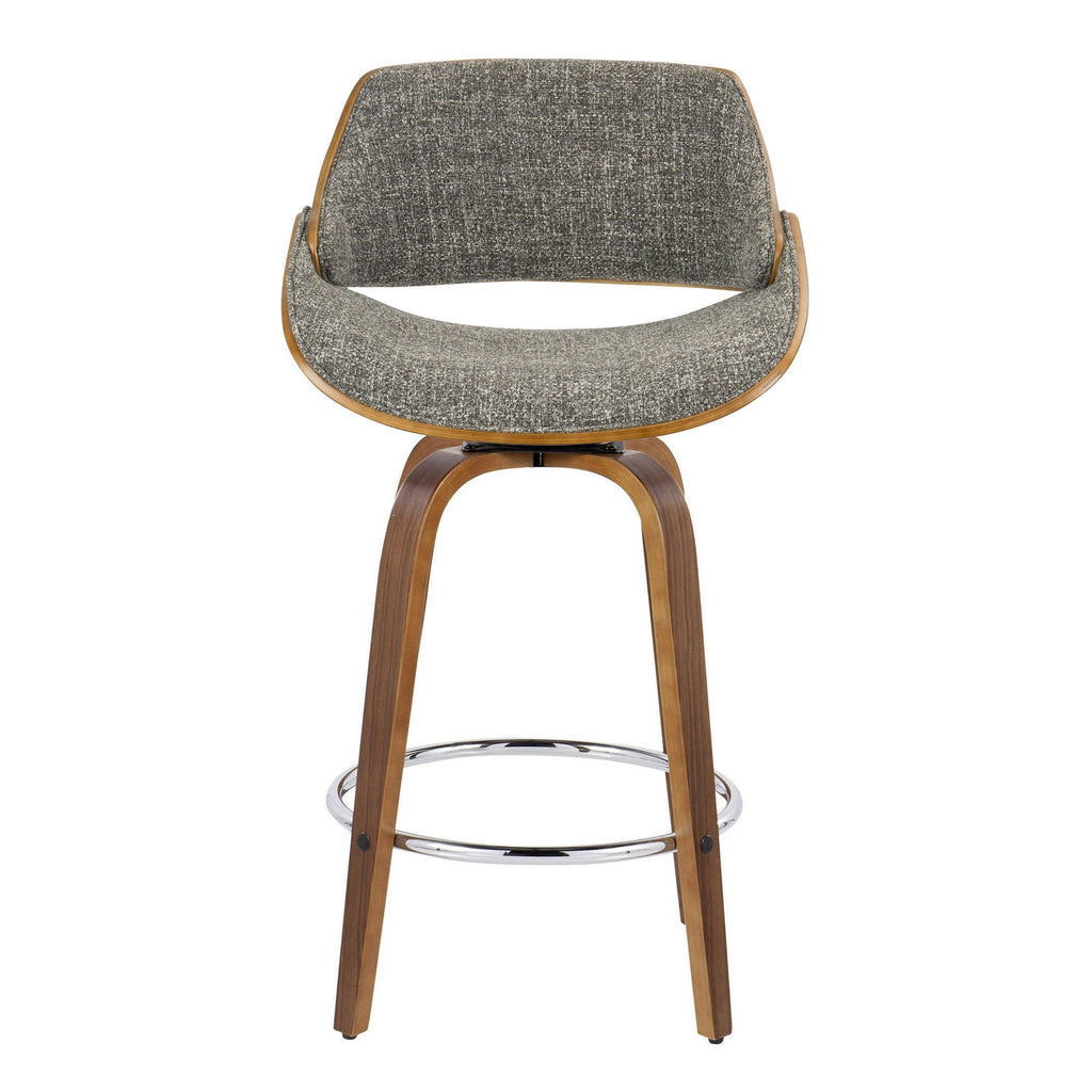Fabrizzi 26" Fixed-Height Counter Stool - Set of 2 - Walnut Wood, Chrome Metal, Noise Grey Fabric
