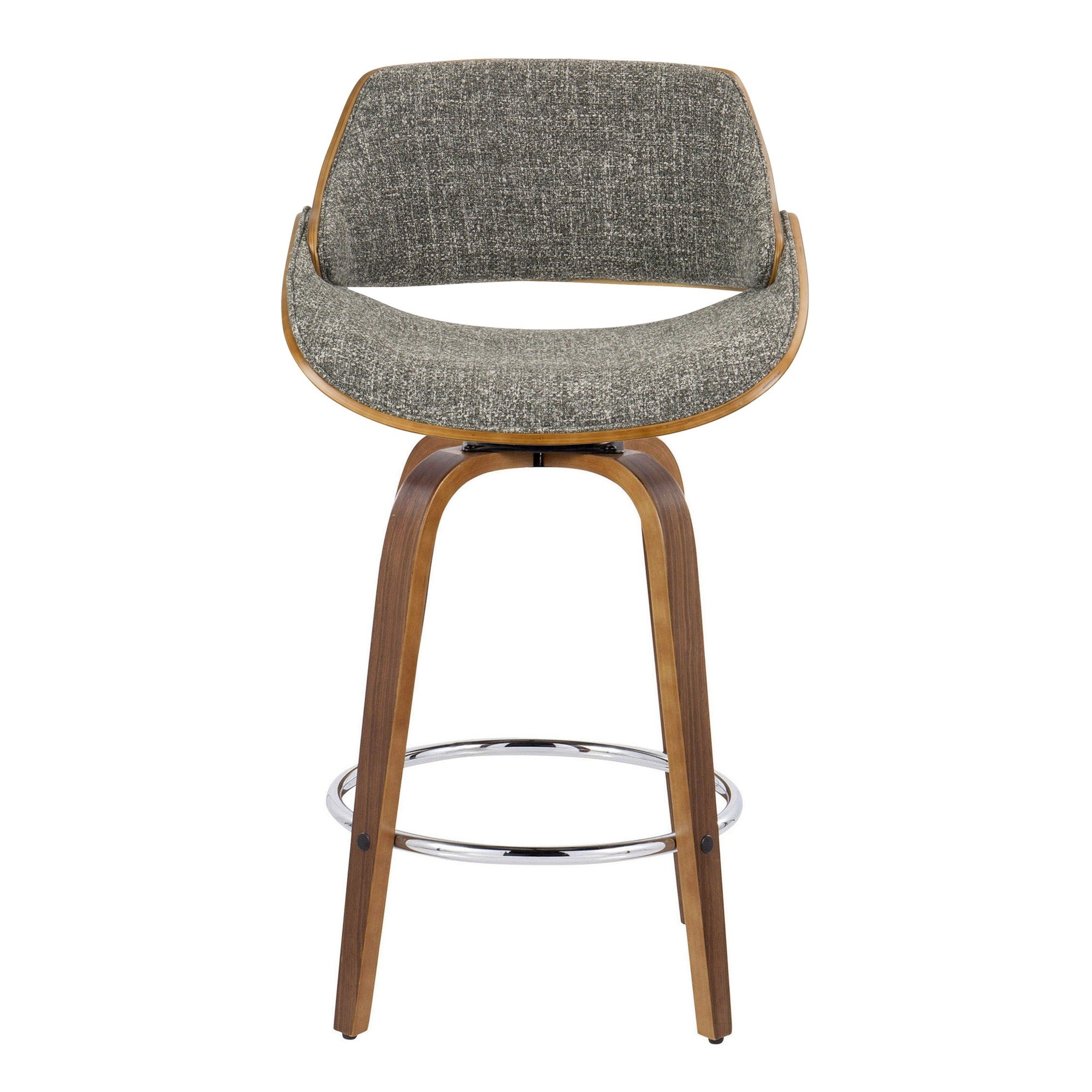 Fabrizzi 26" Fixed-Height Counter Stool - Set of 2 - Walnut Wood, Chrome Metal, Noise Grey Fabric