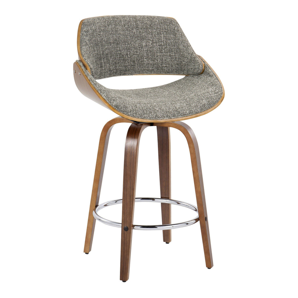 Fabrizzi 26" Fixed-Height Counter Stool - Set of 2 - Walnut Wood, Chrome Metal, Noise Grey Fabric