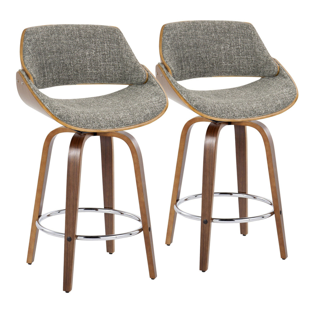 Fabrizzi 26" Fixed-Height Counter Stool - Set of 2 - Walnut Wood, Chrome Metal, Noise Grey Fabric