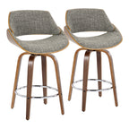 Fabrizzi 26" Fixed-Height Counter Stool - Set of 2 - Walnut Wood, Chrome Metal, Noise Grey Fabric