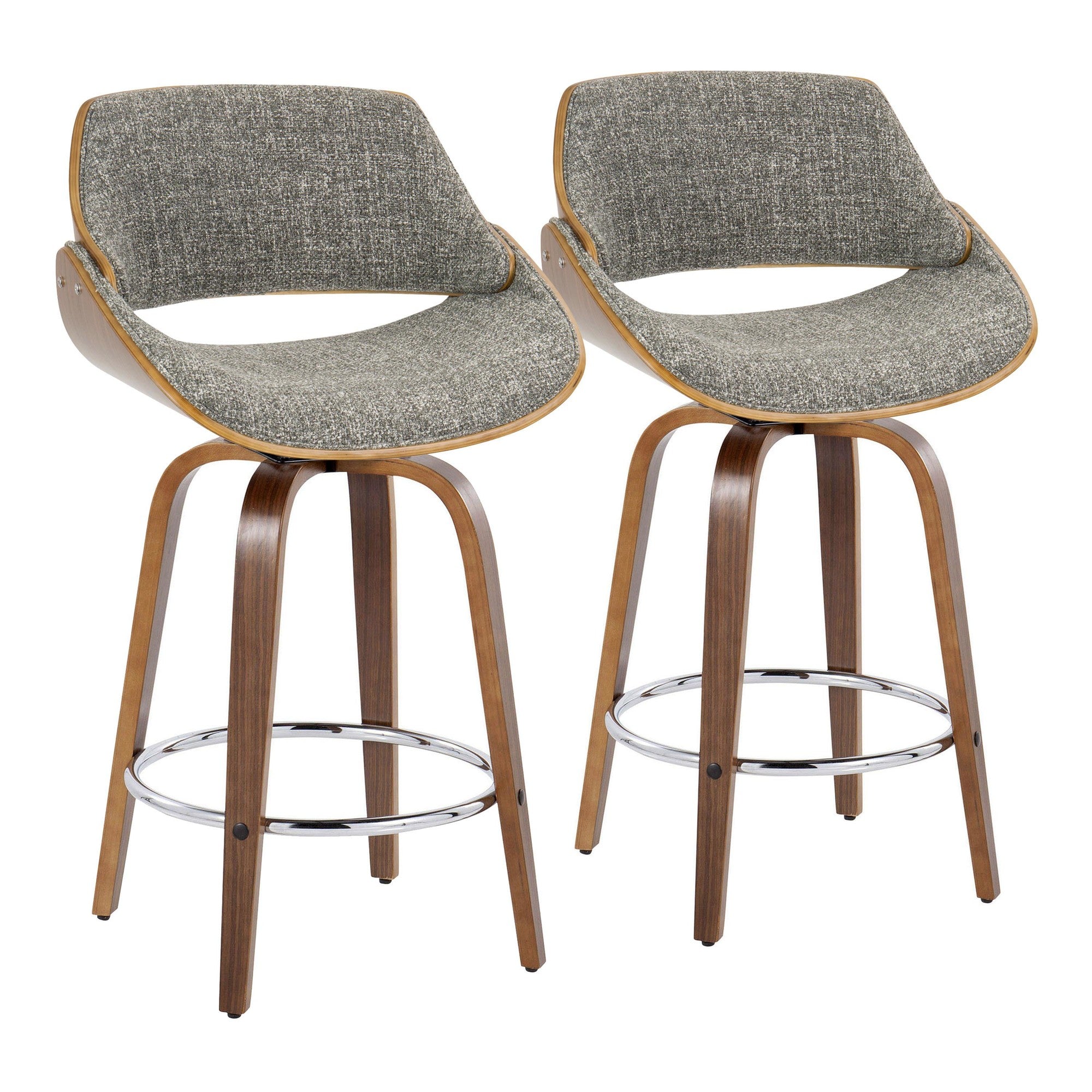 Fabrizzi 26" Fixed-Height Counter Stool - Set of 2 - Walnut Wood, Chrome Metal, Noise Grey Fabric