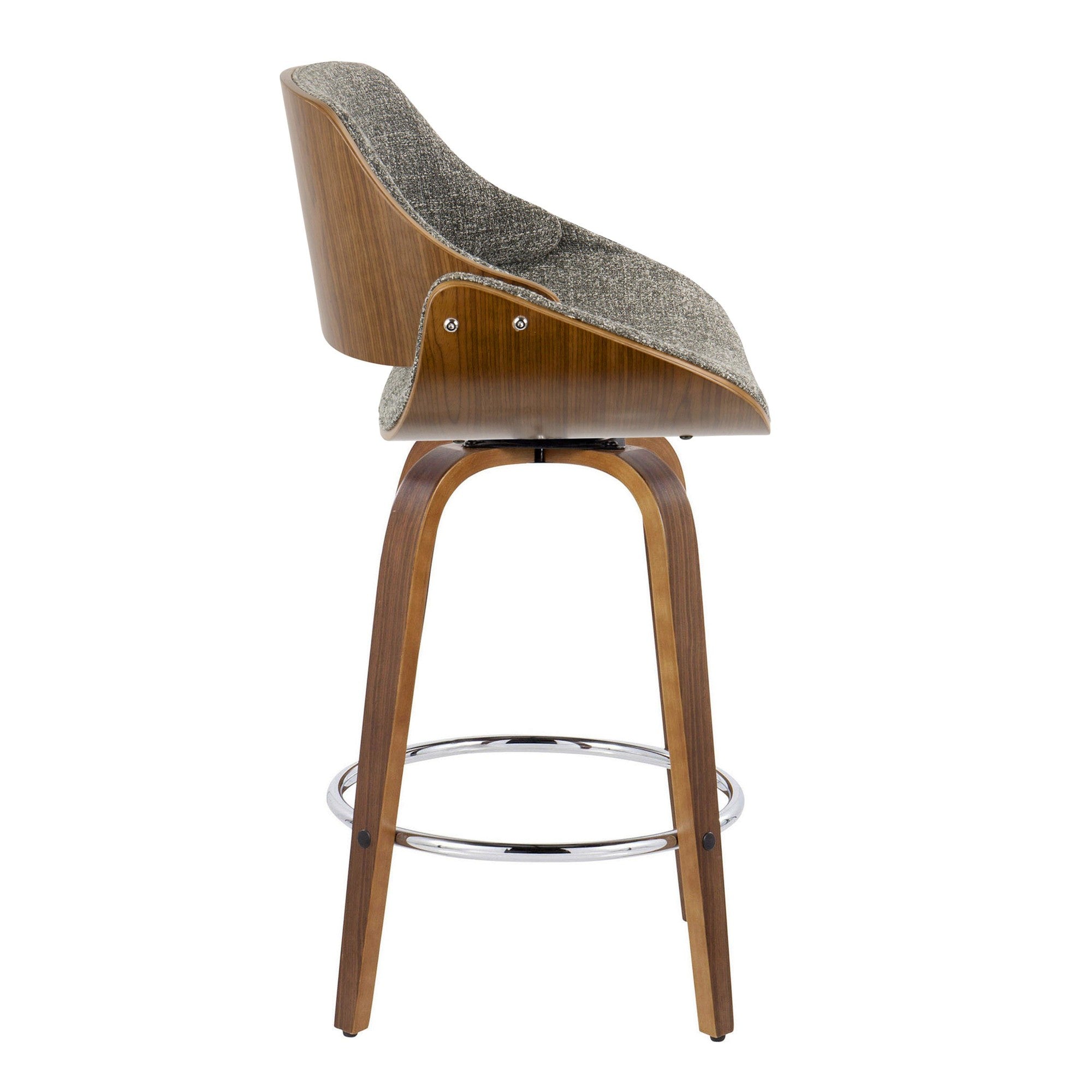 Fabrizzi 26" Fixed-Height Counter Stool - Set of 2 - Walnut Wood, Chrome Metal, Noise Grey Fabric