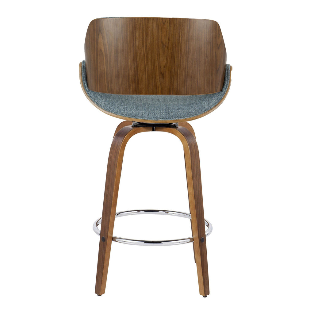 Fabrizzi 26" Fixed-Height Counter Stool - Set of 2 - Walnut Wood, Blue Fabric