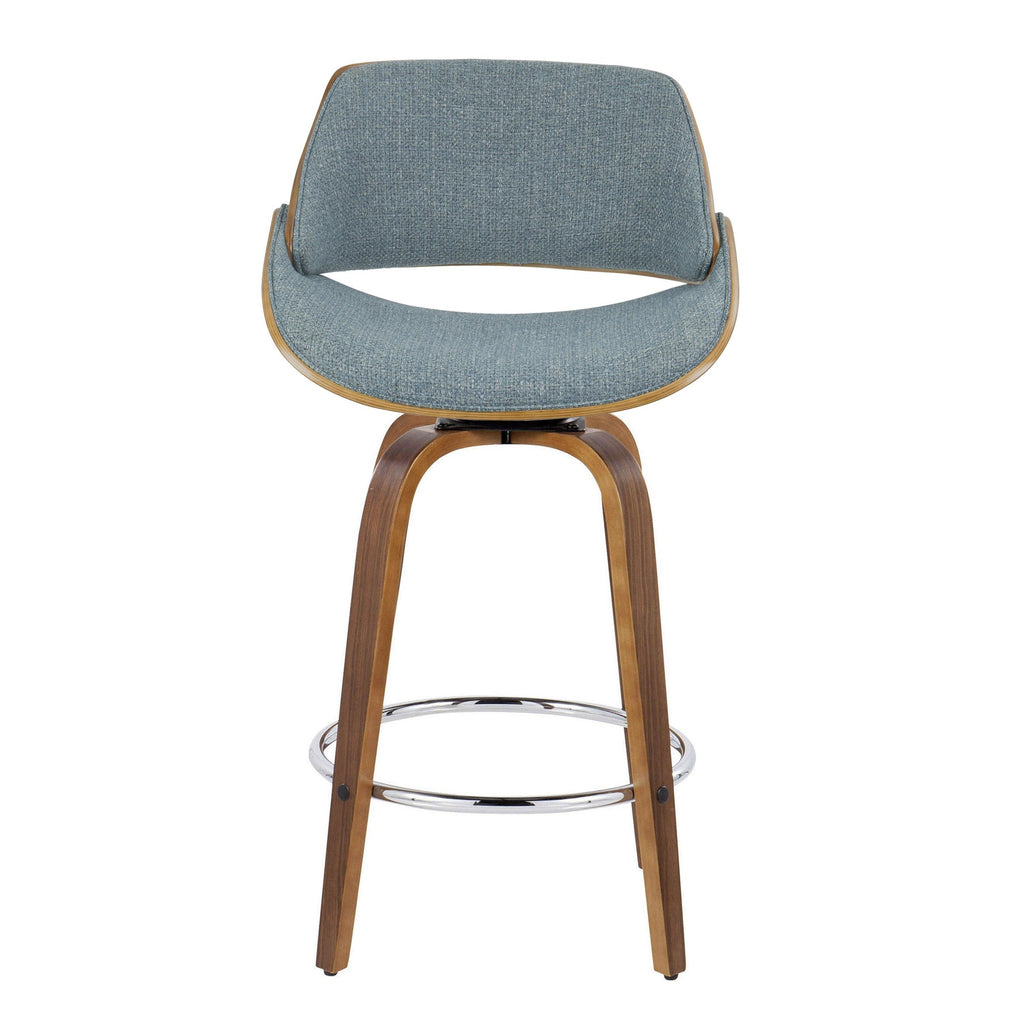 Fabrizzi 26" Fixed-Height Counter Stool - Set of 2 - Walnut Wood, Blue Fabric
