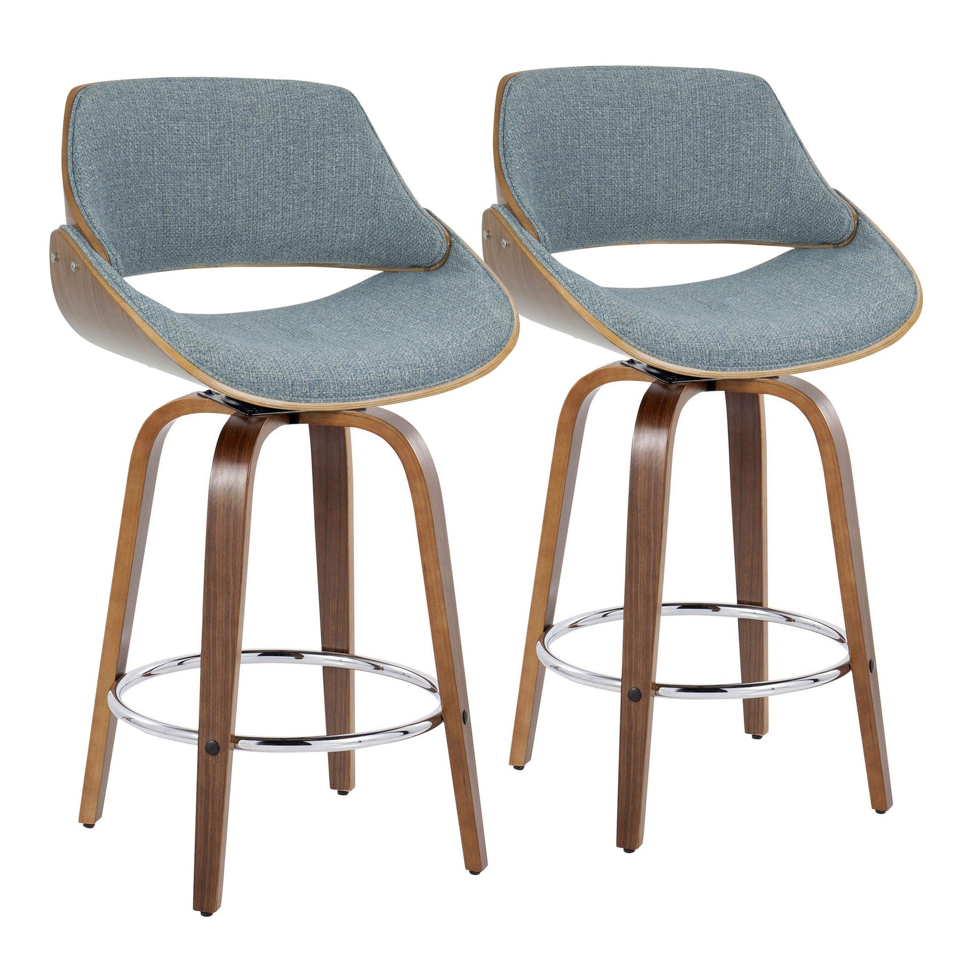 Fabrizzi 26" Fixed-Height Counter Stool - Set of 2 - Walnut Wood, Blue Fabric