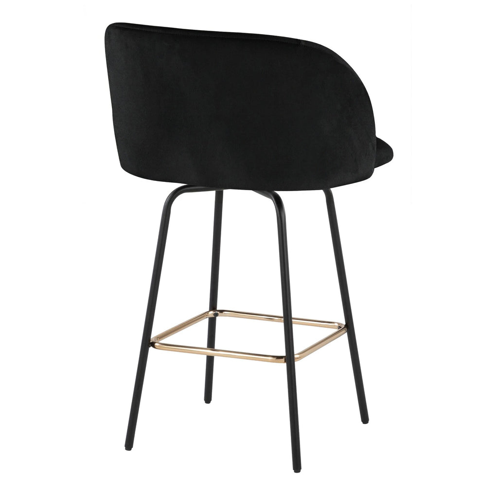 Fran 26" Swivel Fixed-Height Counter Stool - Set of 2 - Black Metal, Black Velvet, Gold Metal