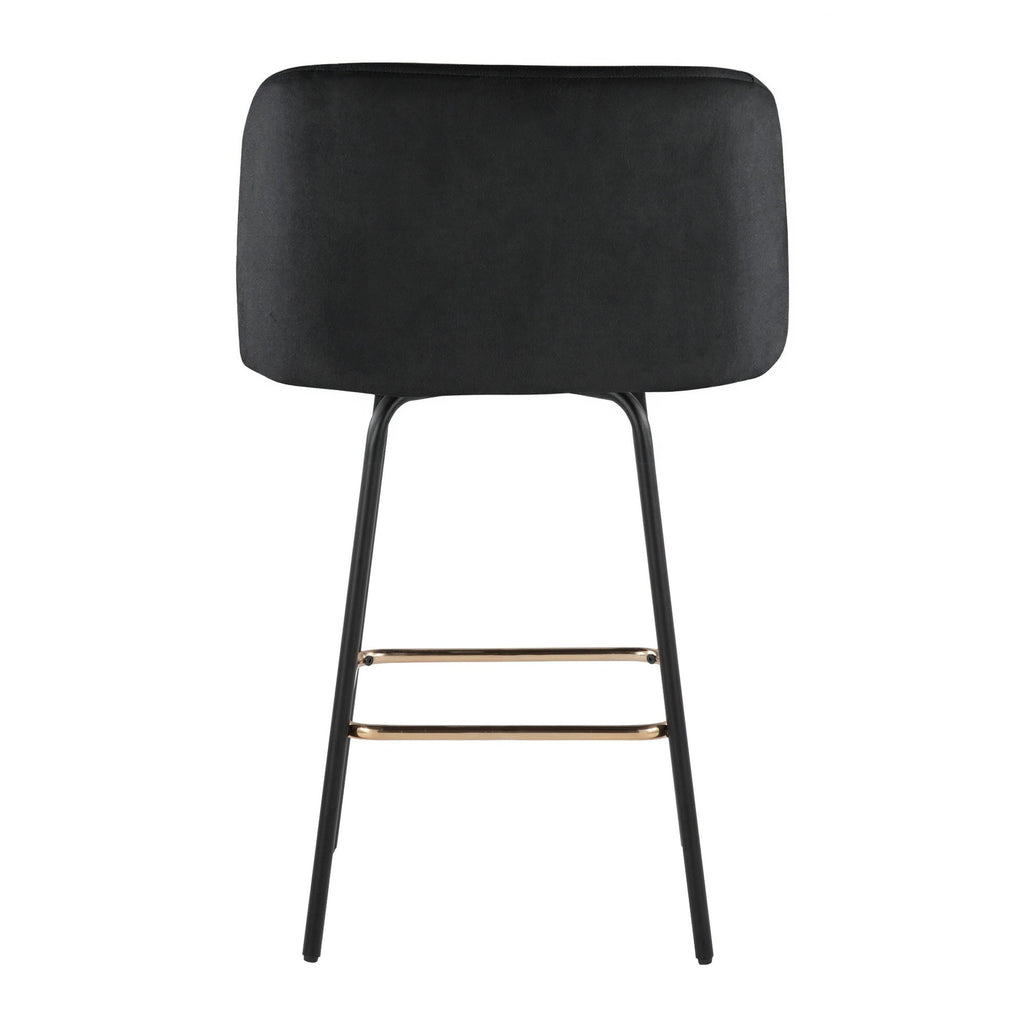 Fran 26" Swivel Fixed-Height Counter Stool - Set of 2 - Black Metal, Black Velvet, Gold Metal