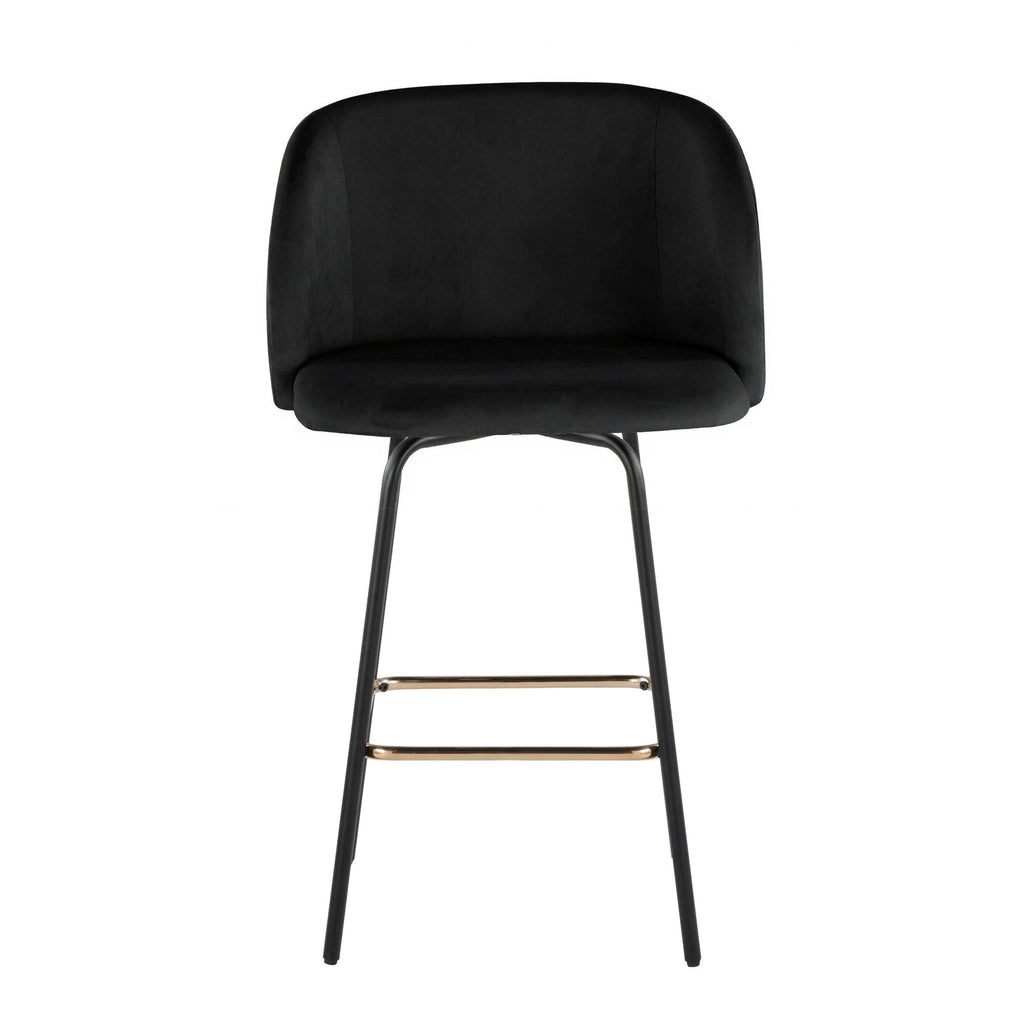 Fran 26" Swivel Fixed-Height Counter Stool - Set of 2 - Black Metal, Black Velvet, Gold Metal