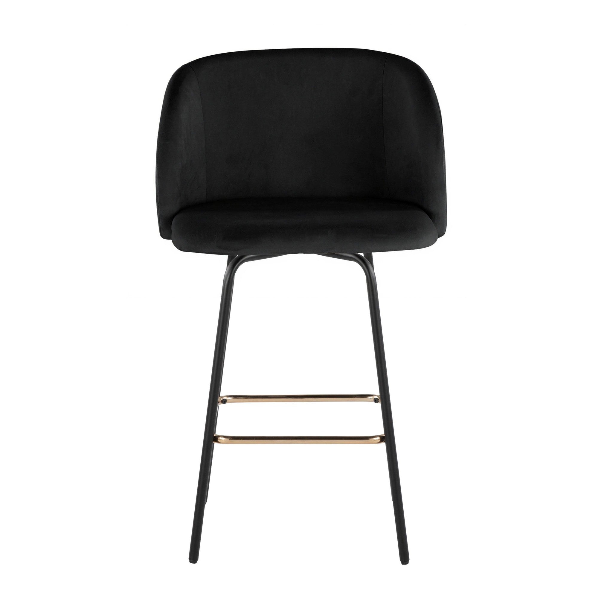 Fran 26" Swivel Fixed-Height Counter Stool - Set of 2 - Black Metal, Black Velvet, Gold Metal
