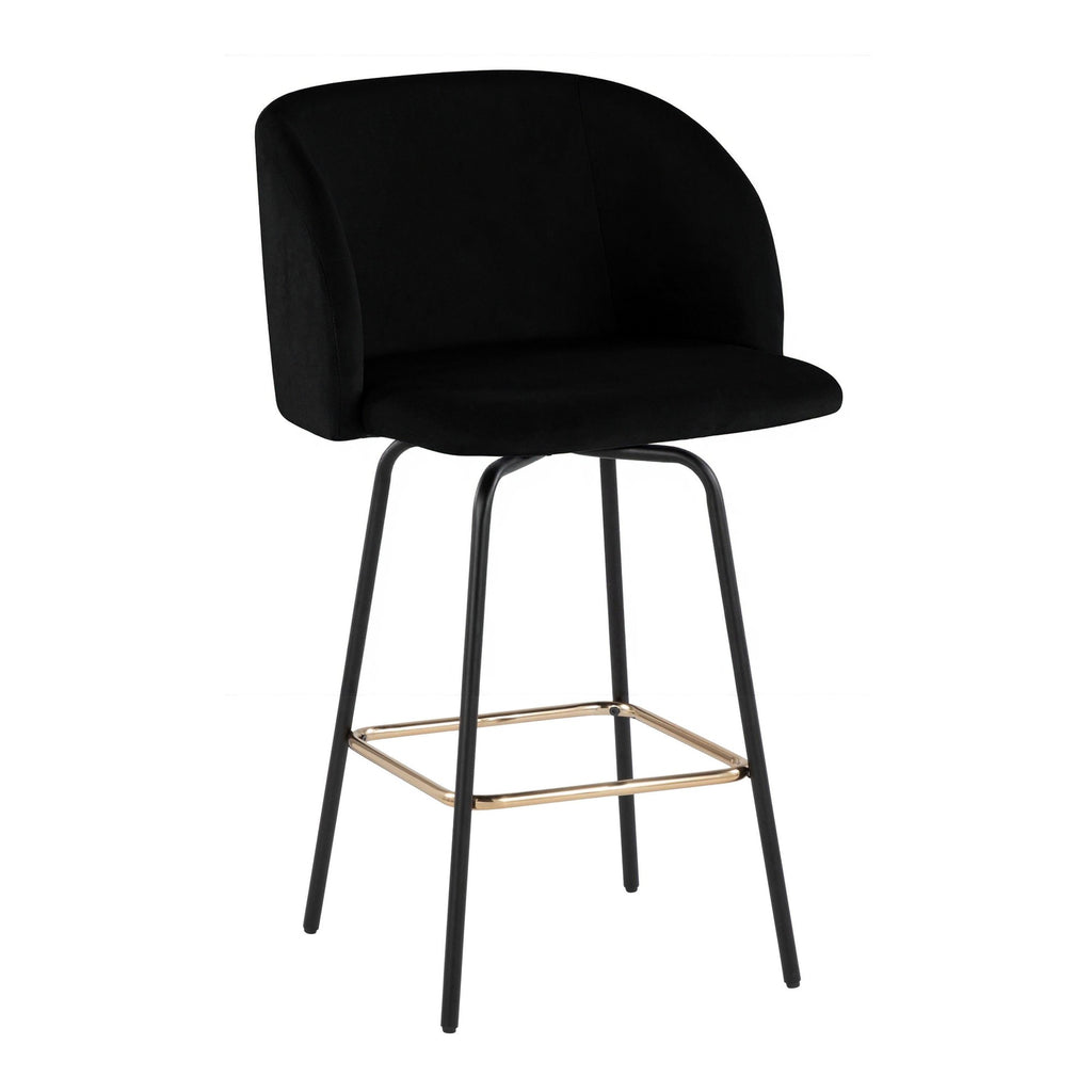 Fran 26" Swivel Fixed-Height Counter Stool - Set of 2 - Black Metal, Black Velvet, Gold Metal