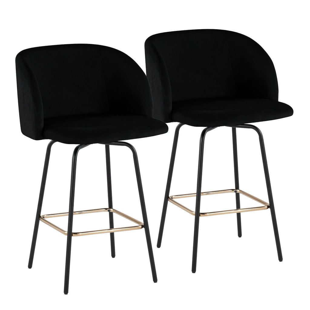 Fran 26" Swivel Fixed-Height Counter Stool - Set of 2 - Black Metal, Black Velvet, Gold Metal