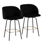 Fran 26" Swivel Fixed-Height Counter Stool - Set of 2 - Black Metal, Black Velvet, Gold Metal