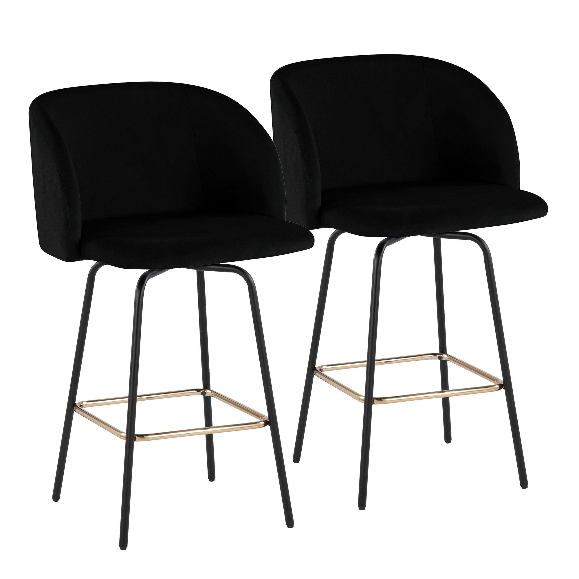 Fran 26" Swivel Fixed-Height Counter Stool - Set of 2 - Black Metal, Black Velvet, Gold Metal
