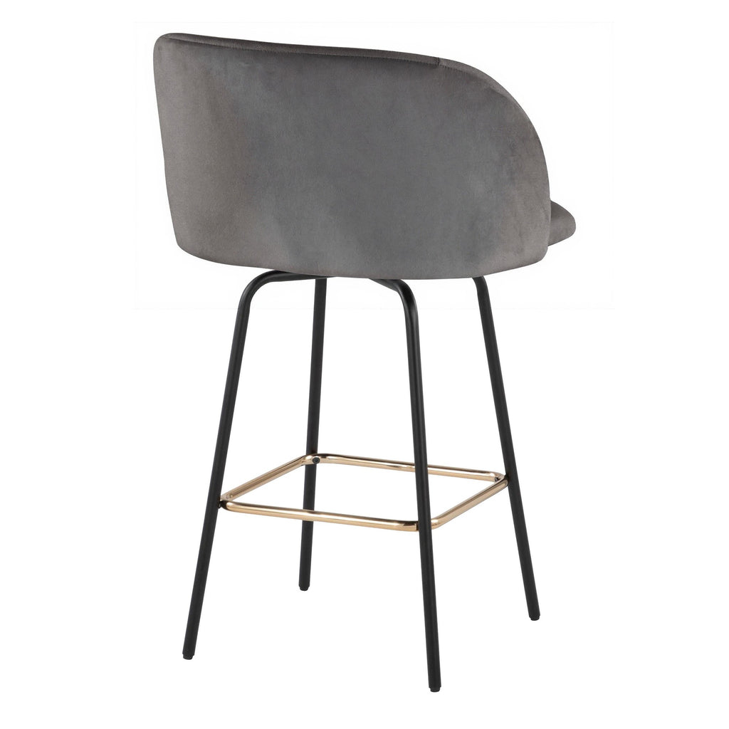 Fran 26" Swivel Fixed-Height Counter Stool - Set of 2 - Black Metal, Grey Velvet, Gold Metal