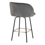 Fran 26" Swivel Fixed-Height Counter Stool - Set of 2 - Black Metal, Grey Velvet, Gold Metal