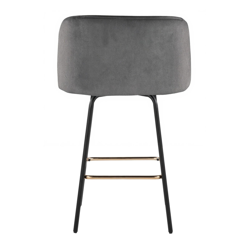 Fran 26" Swivel Fixed-Height Counter Stool - Set of 2 - Black Metal, Grey Velvet, Gold Metal