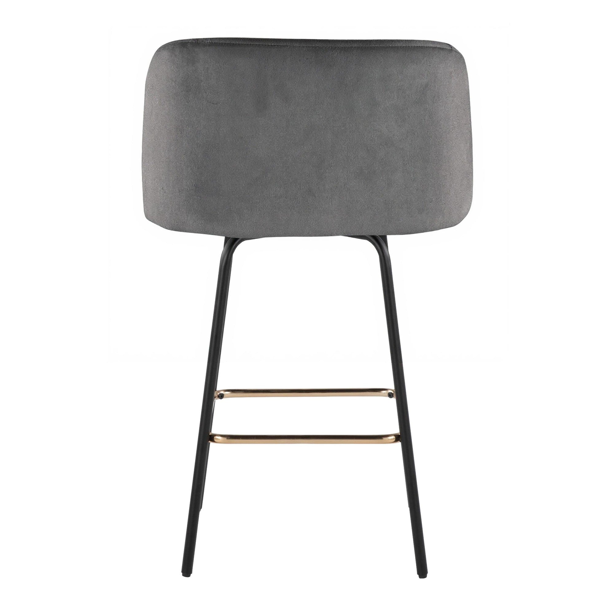 Fran 26" Swivel Fixed-Height Counter Stool - Set of 2 - Black Metal, Grey Velvet, Gold Metal