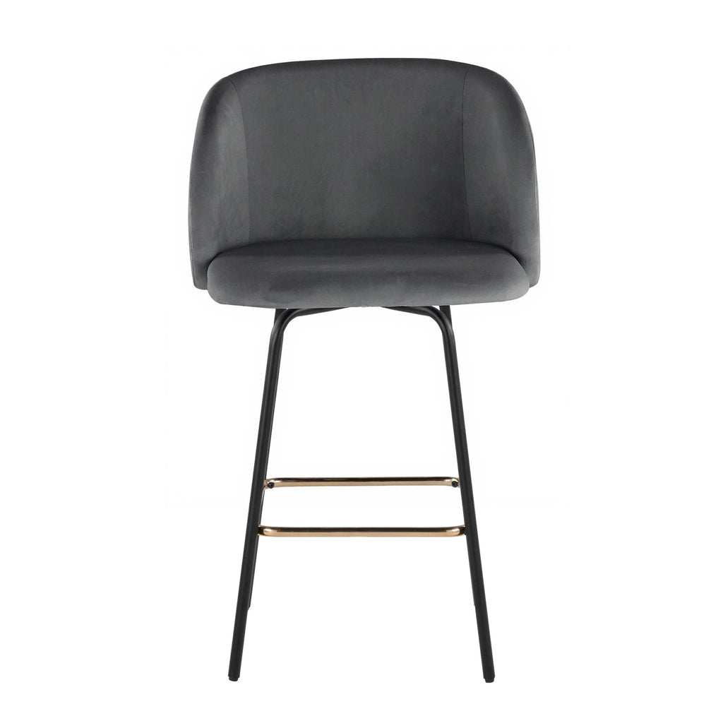 Fran 26" Swivel Fixed-Height Counter Stool - Set of 2 - Black Metal, Grey Velvet, Gold Metal