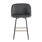 Fran 26" Swivel Fixed-Height Counter Stool - Set of 2 - Black Metal, Grey Velvet, Gold Metal
