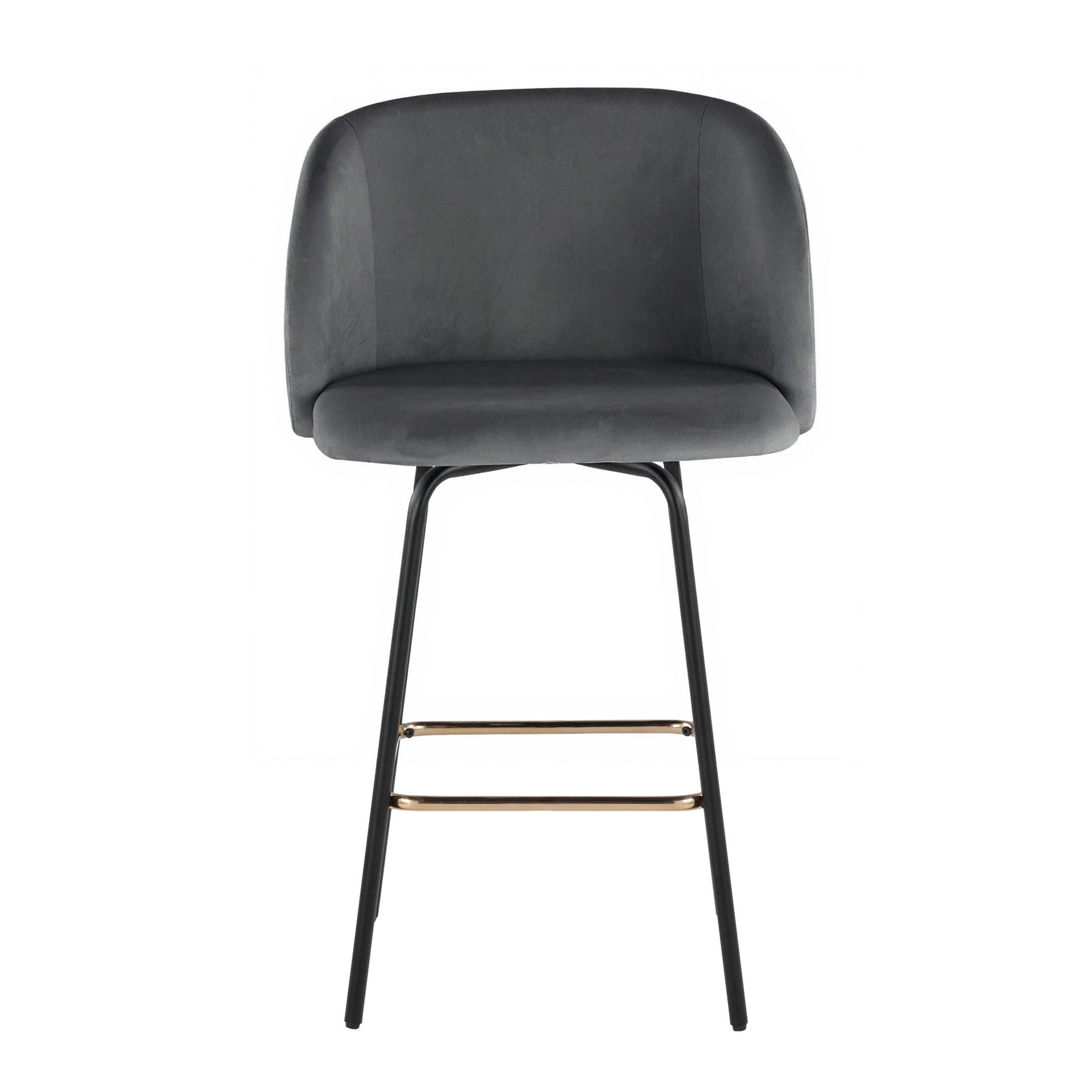 Fran 26" Swivel Fixed-Height Counter Stool - Set of 2 - Black Metal, Grey Velvet, Gold Metal