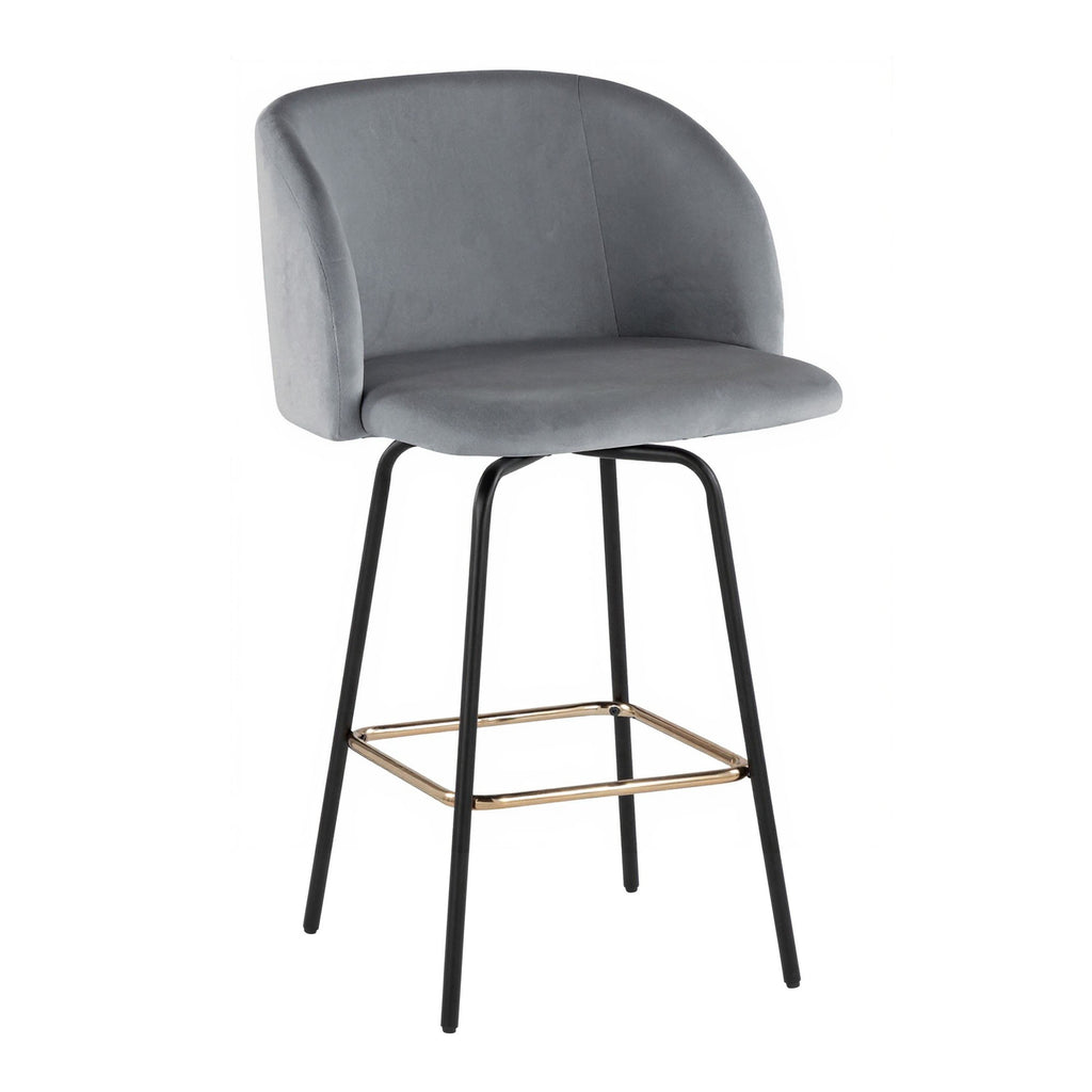 Fran 26" Swivel Fixed-Height Counter Stool - Set of 2 - Black Metal, Grey Velvet, Gold Metal