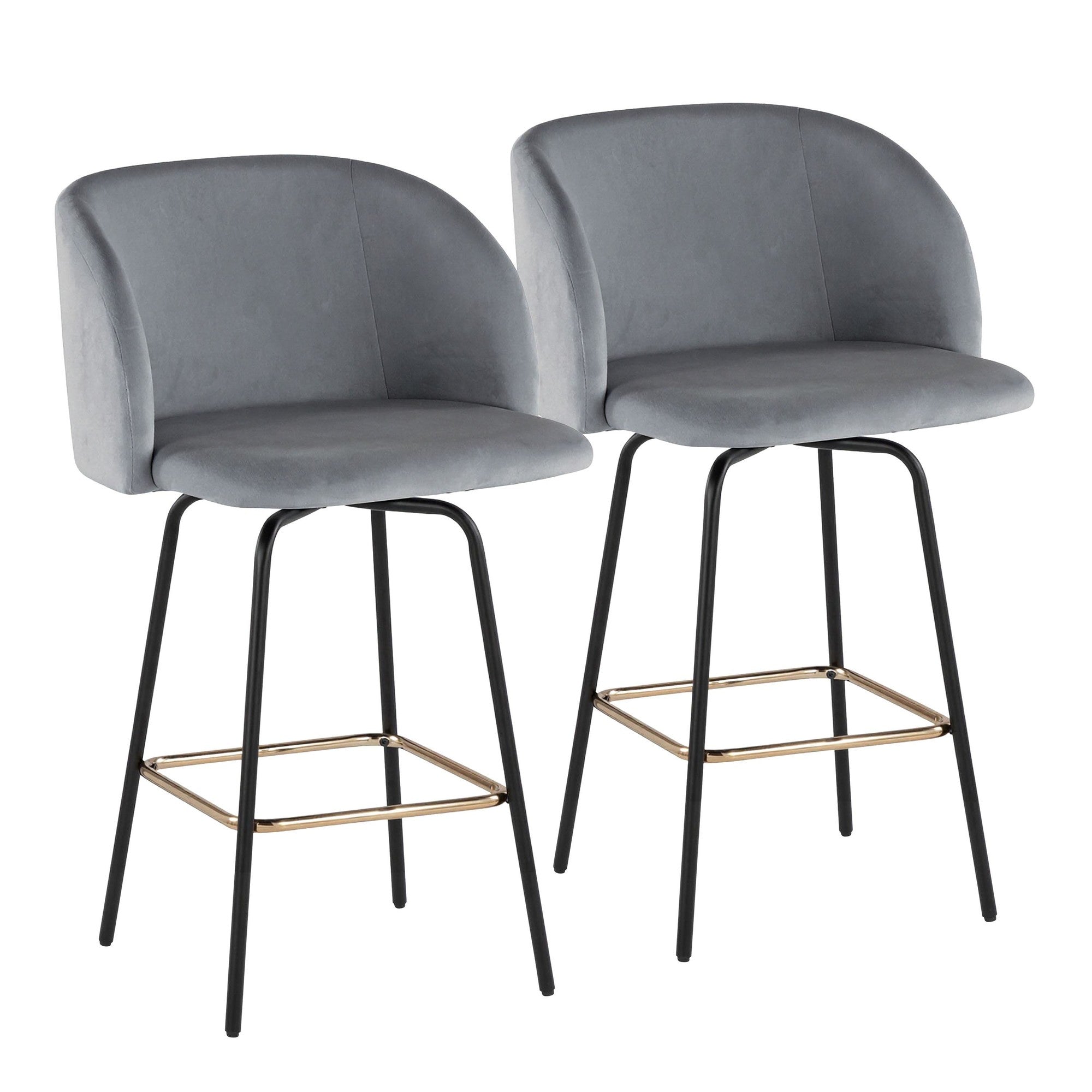 Fran 26" Swivel Fixed-Height Counter Stool - Set of 2 - Black Metal, Grey Velvet, Gold Metal