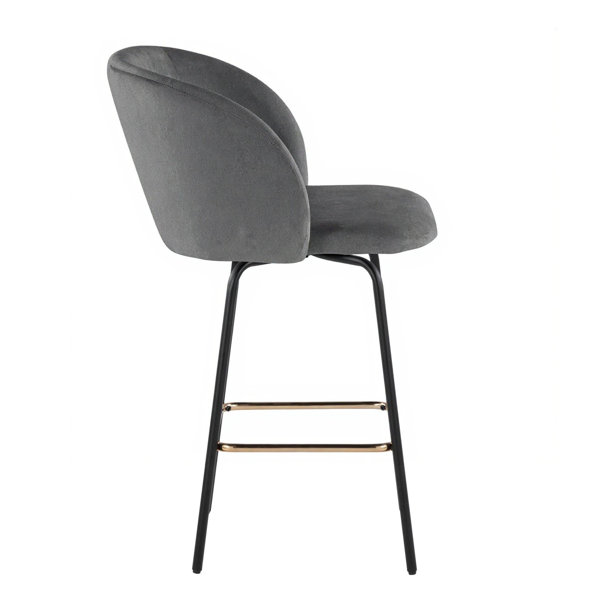 Fran 26" Swivel Fixed-Height Counter Stool - Set of 2 - Black Metal, Grey Velvet, Gold Metal