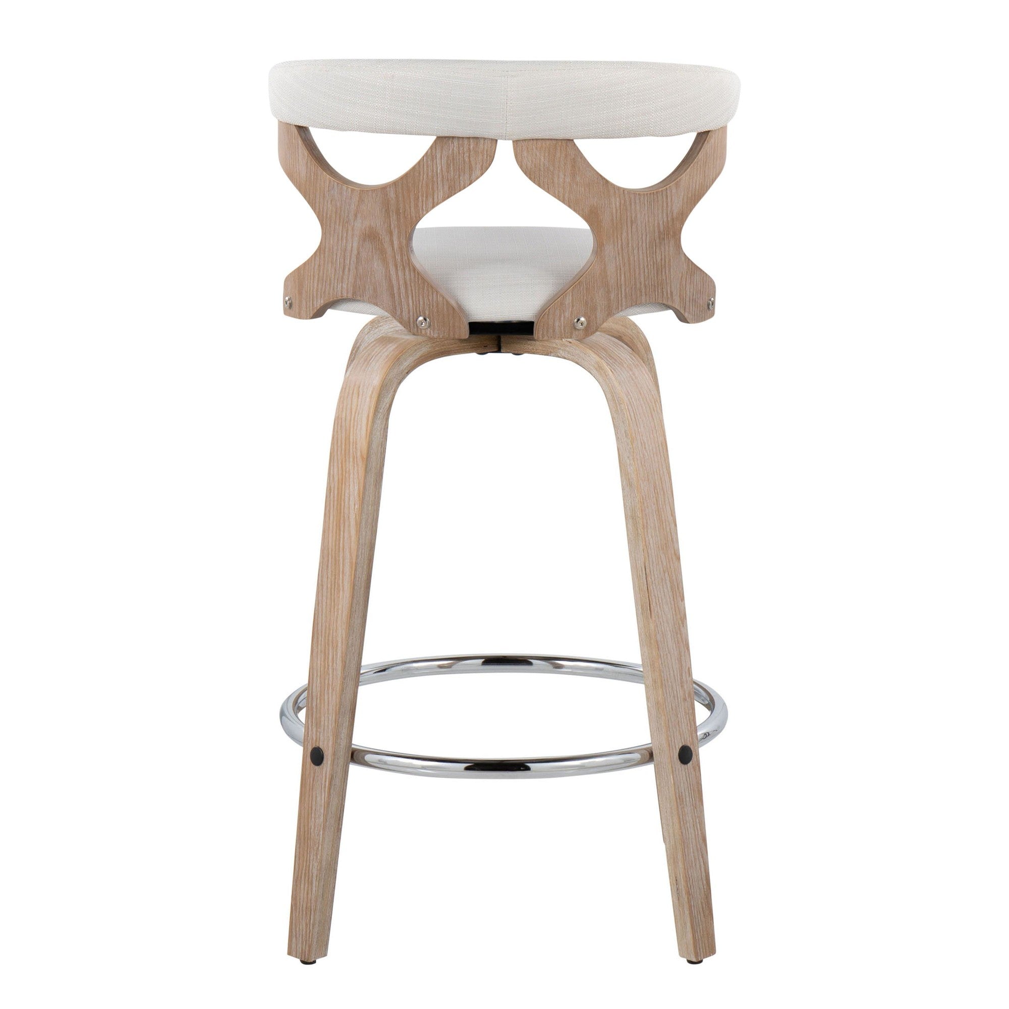 Gardenia 26" Fixed-Height Counter Stool - Set of 2 - Whitewashed Wood, Cream Fabric, Chrome Metal