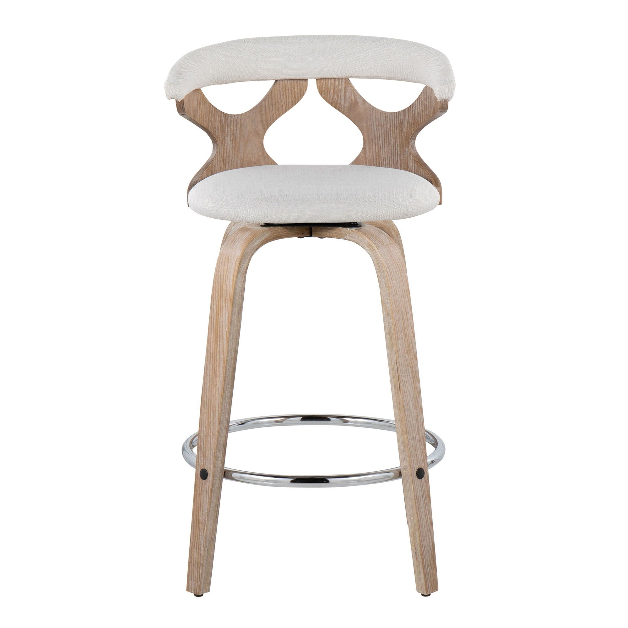 Gardenia 26" Fixed-Height Counter Stool - Set of 2 - Whitewashed Wood, Cream Fabric, Chrome Metal