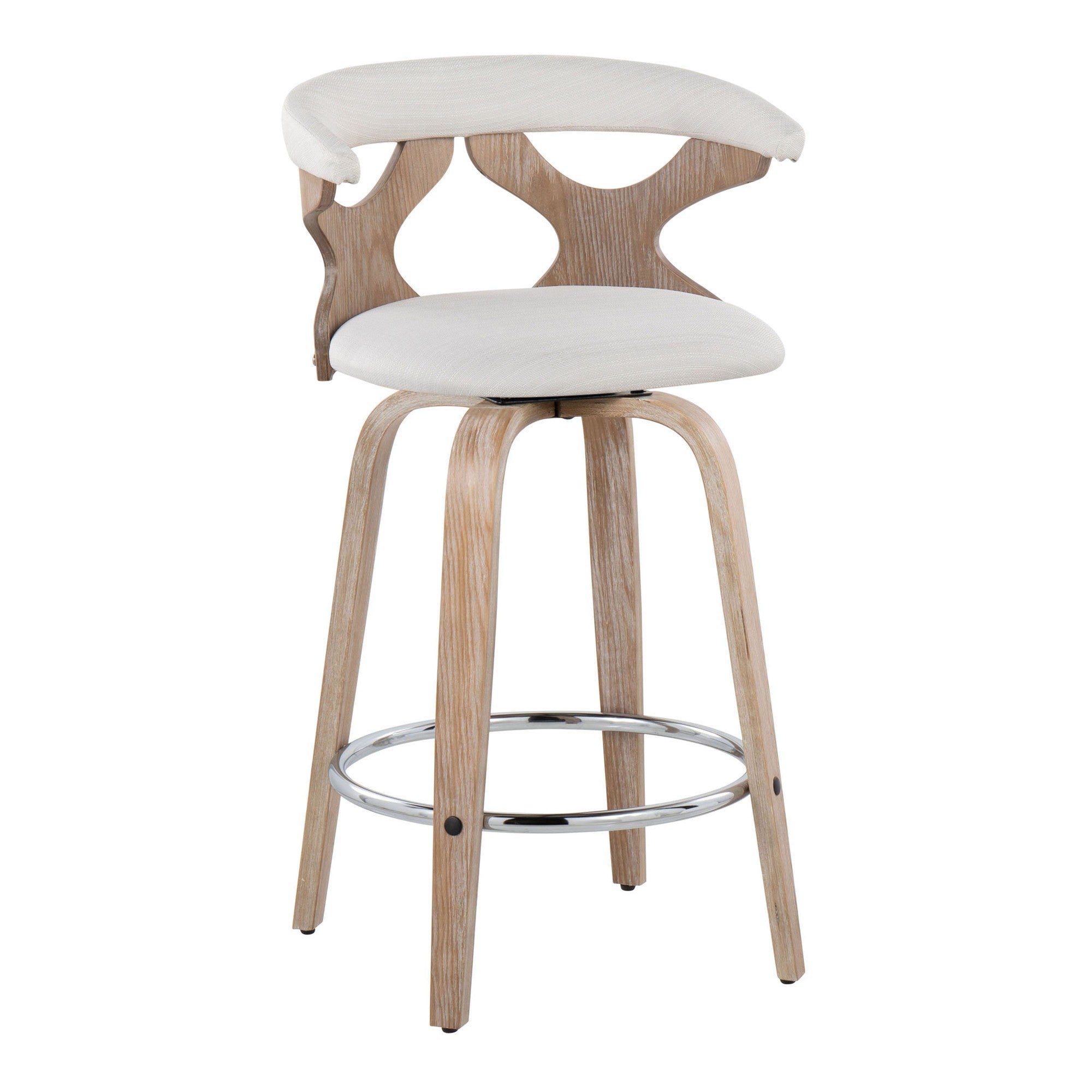 Gardenia 26" Fixed-Height Counter Stool - Set of 2 - Whitewashed Wood, Cream Fabric, Chrome Metal