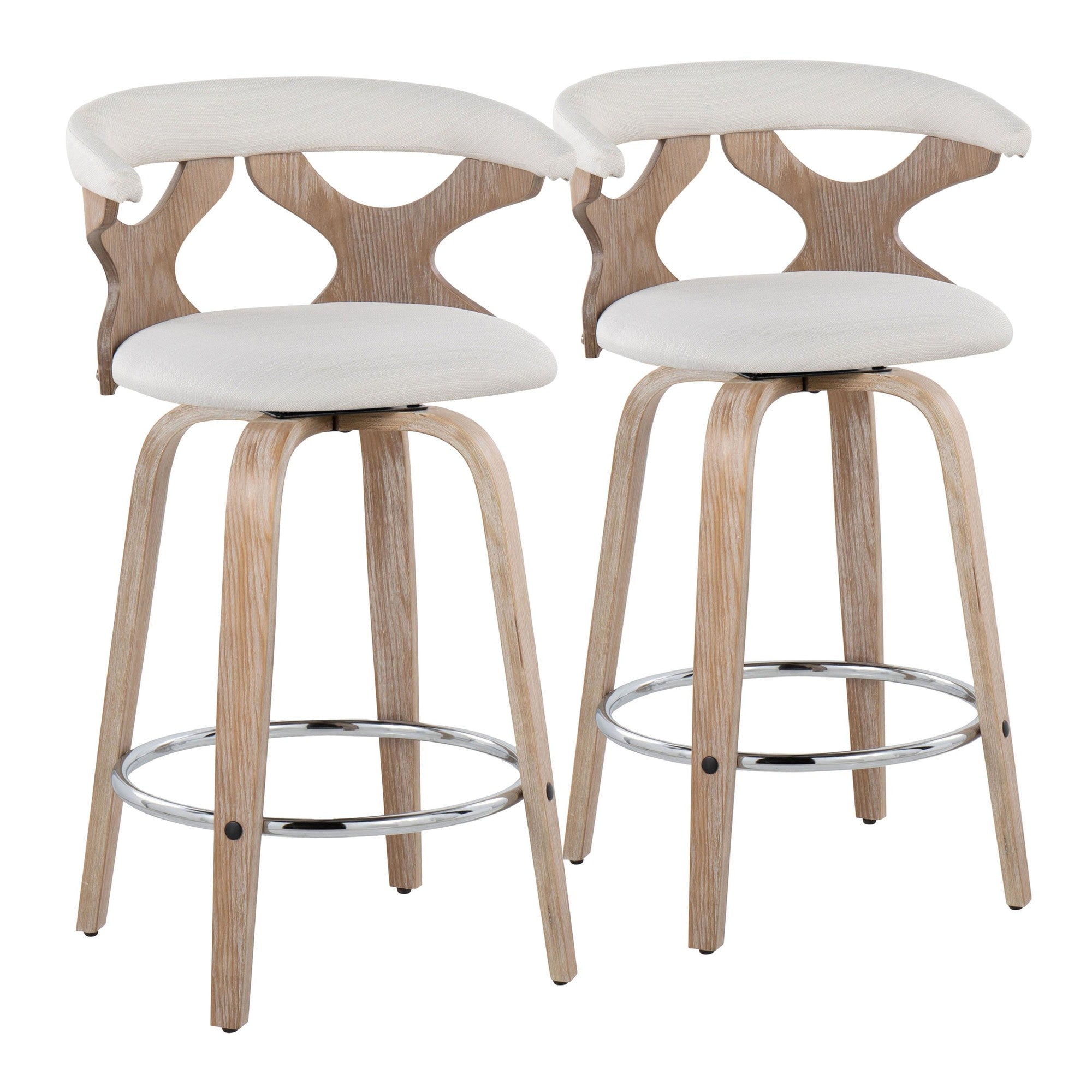 Gardenia 26" Fixed-Height Counter Stool - Set of 2 - Whitewashed Wood, Cream Fabric, Chrome Metal