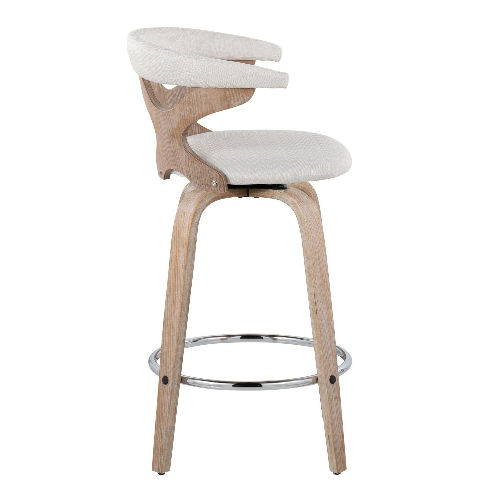 Gardenia 26" Fixed-Height Counter Stool - Set of 2 - Whitewashed Wood, Cream Fabric, Chrome Metal