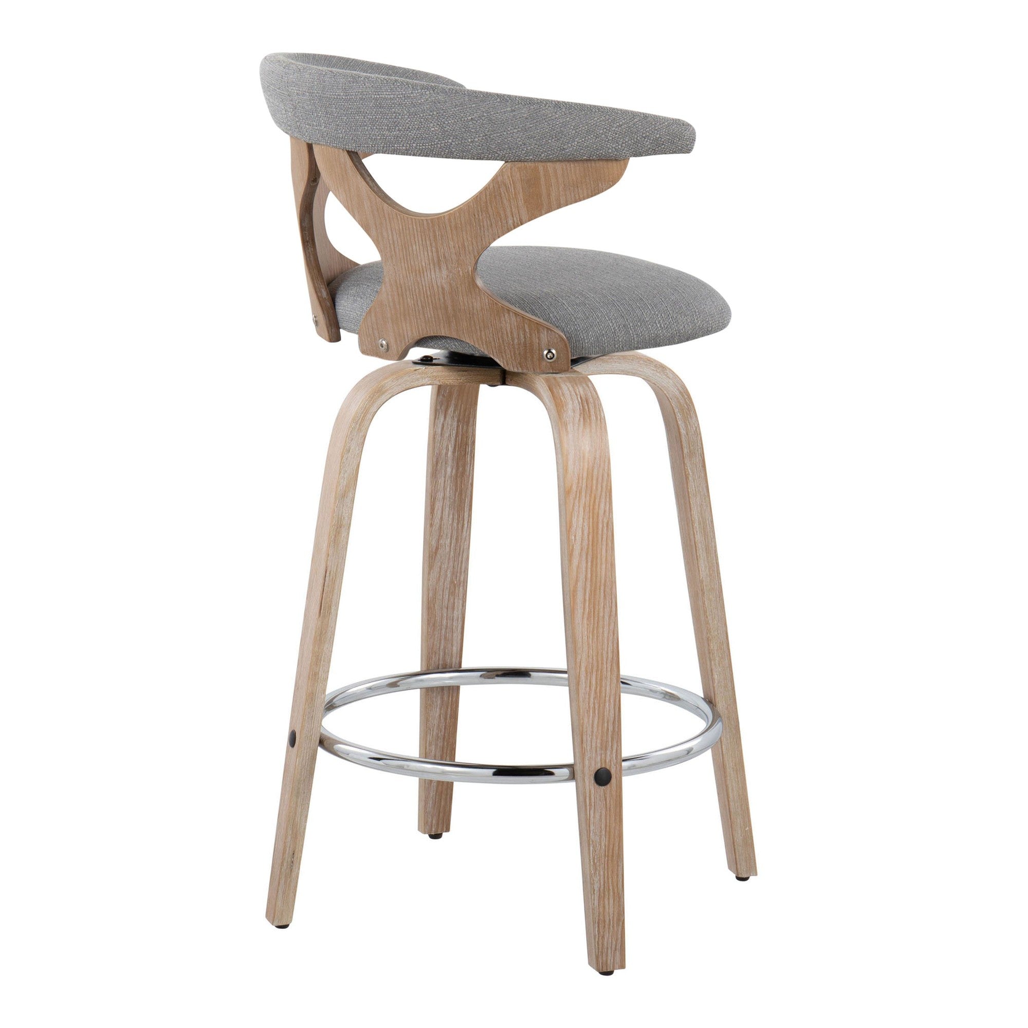 Gardenia 26" Fixed-Height Counter Stool - Set of 2 - Whitewashed Wood, Light Grey Fabric, Chrome Metal
