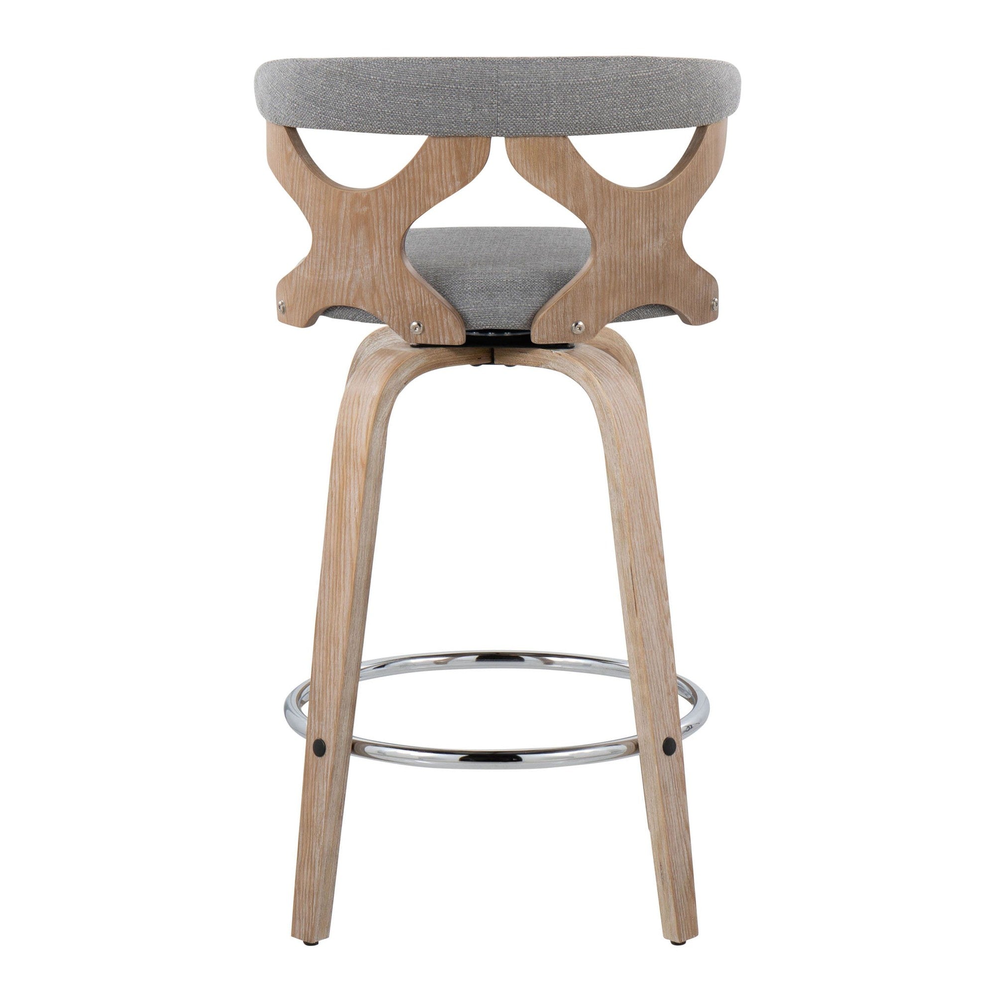 Gardenia 26" Fixed-Height Counter Stool - Set of 2 - Whitewashed Wood, Light Grey Fabric, Chrome Metal