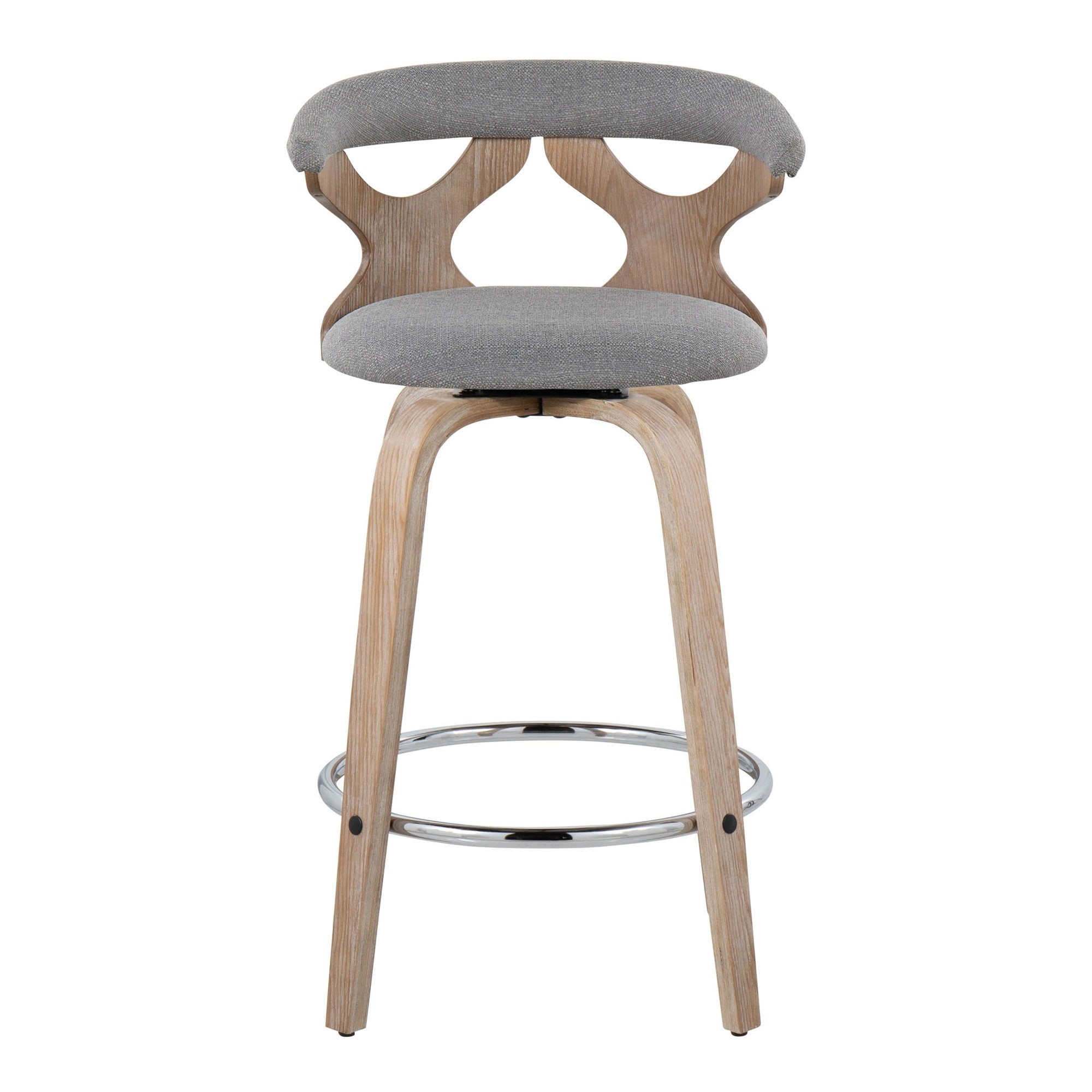 Gardenia 26" Fixed-Height Counter Stool - Set of 2 - Whitewashed Wood, Light Grey Fabric, Chrome Metal