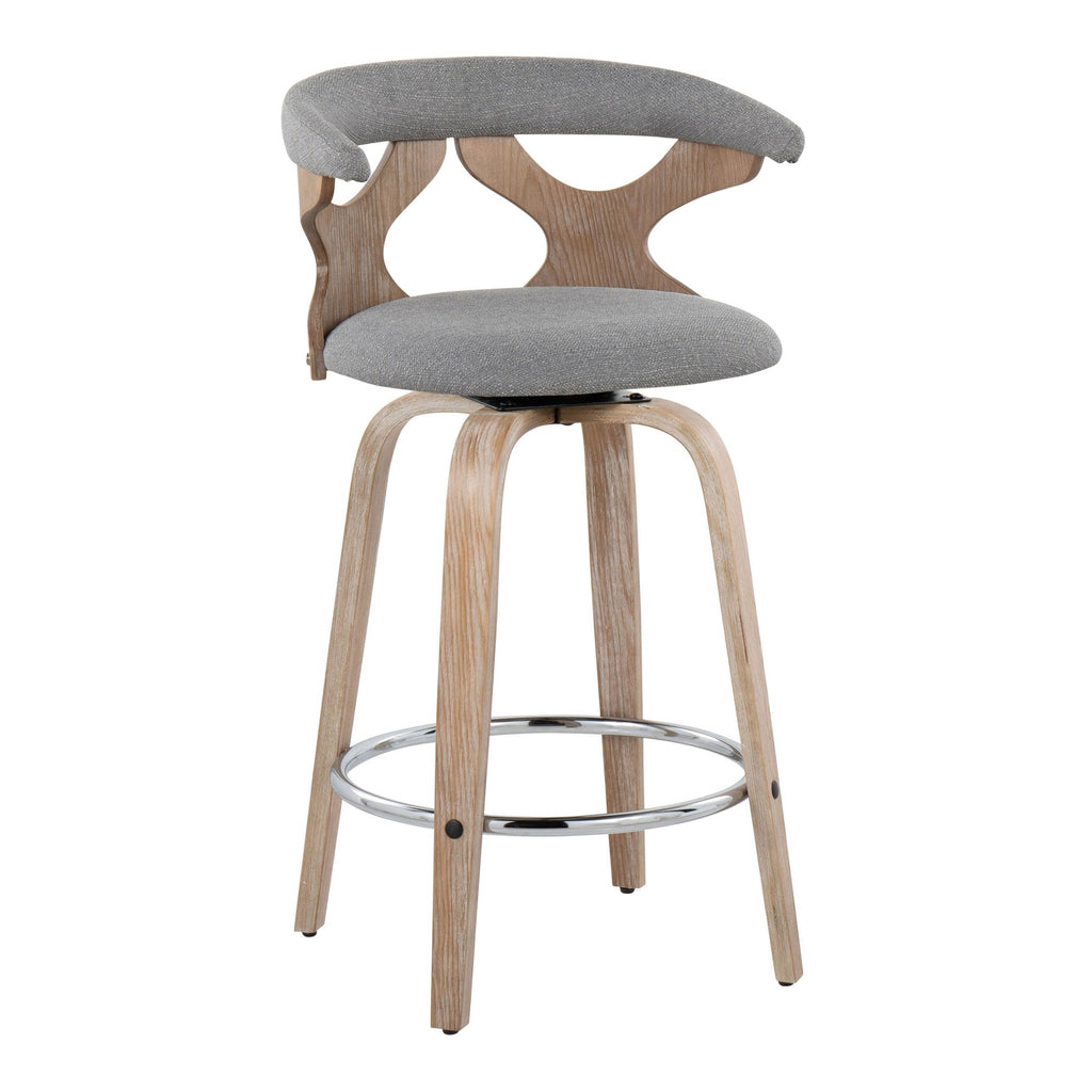 Gardenia 26" Fixed-Height Counter Stool - Set of 2 - Whitewashed Wood, Light Grey Fabric, Chrome Metal