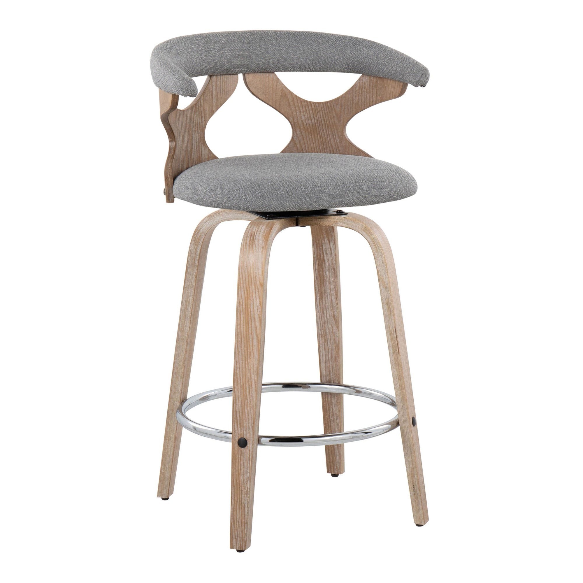 Gardenia 26" Fixed-Height Counter Stool - Set of 2 - Whitewashed Wood, Light Grey Fabric, Chrome Metal