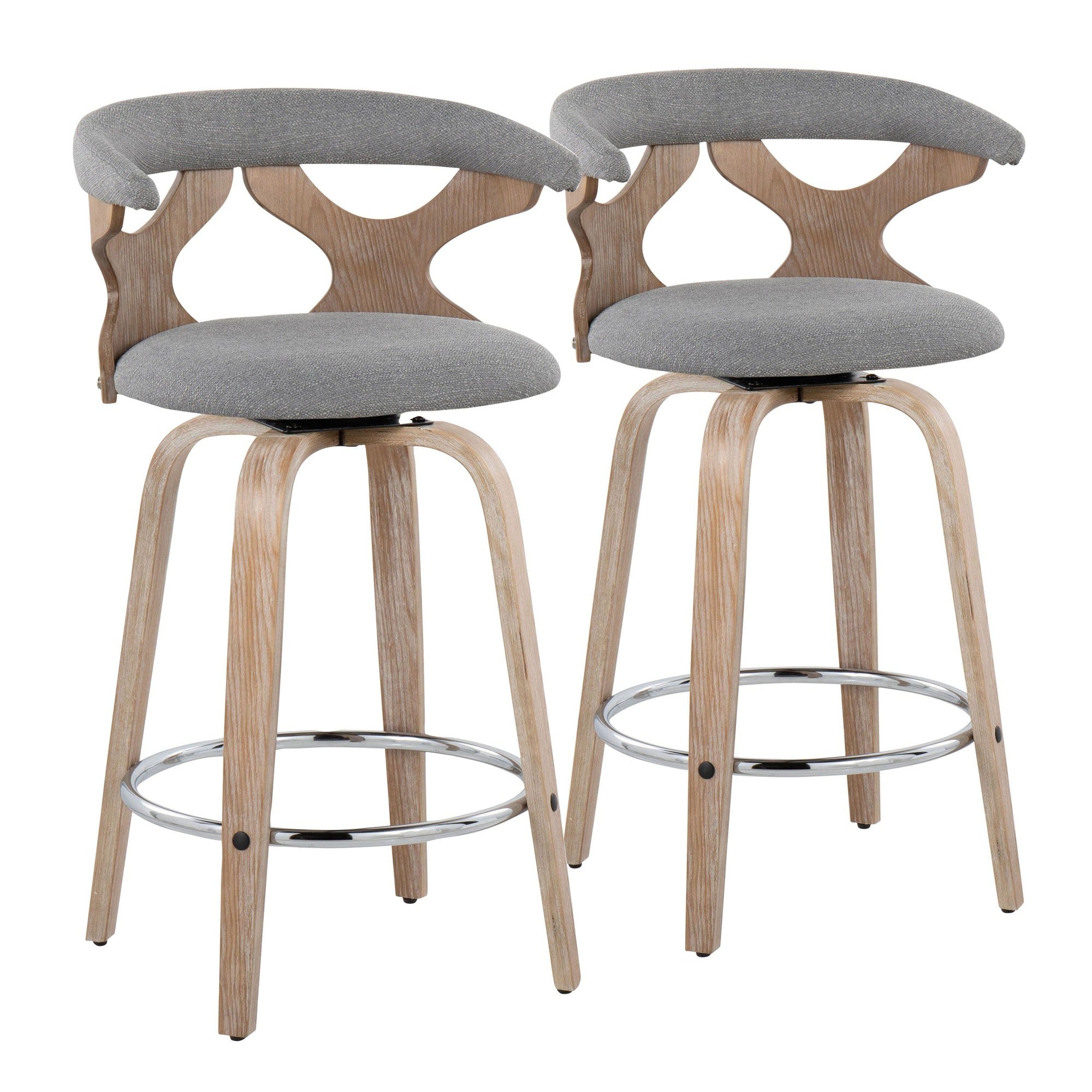 Gardenia 26" Fixed-Height Counter Stool - Set of 2 - Whitewashed Wood, Light Grey Fabric, Chrome Metal