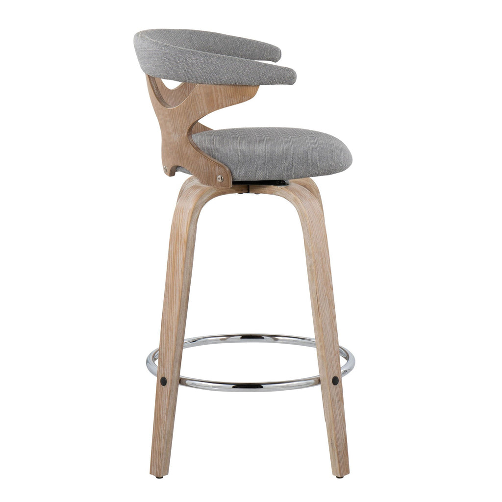 Gardenia 26" Fixed-Height Counter Stool - Set of 2 - Whitewashed Wood, Light Grey Fabric, Chrome Metal