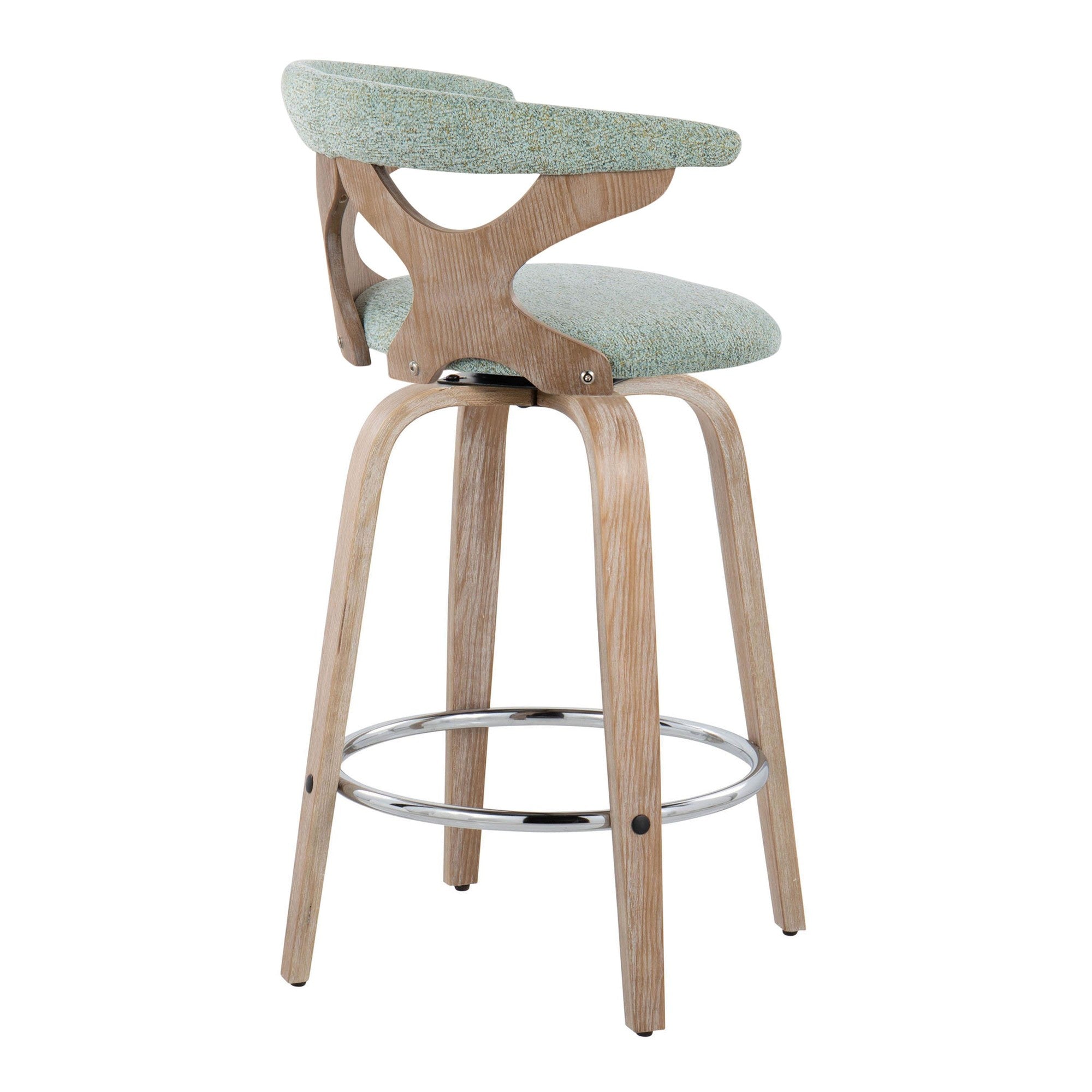 Gardenia 26" Fixed-Height Counter Stool - Set of 2 - Whitewashed Wood, Seafoam Green Fabric, Chrome Metal