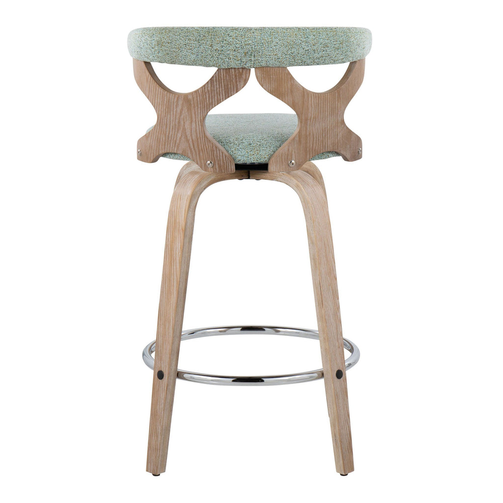 Gardenia 26" Fixed-Height Counter Stool - Set of 2 - Whitewashed Wood, Seafoam Green Fabric, Chrome Metal