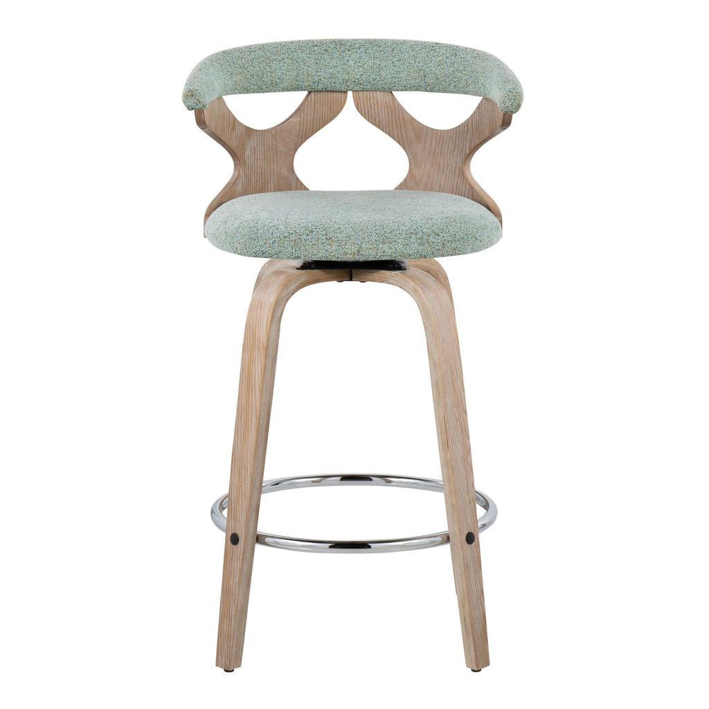 Gardenia 26" Fixed-Height Counter Stool - Set of 2 - Whitewashed Wood, Seafoam Green Fabric, Chrome Metal