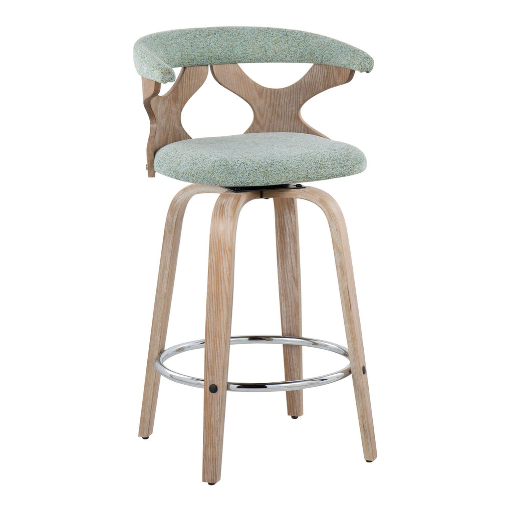 Gardenia 26" Fixed-Height Counter Stool - Set of 2 - Whitewashed Wood, Seafoam Green Fabric, Chrome Metal