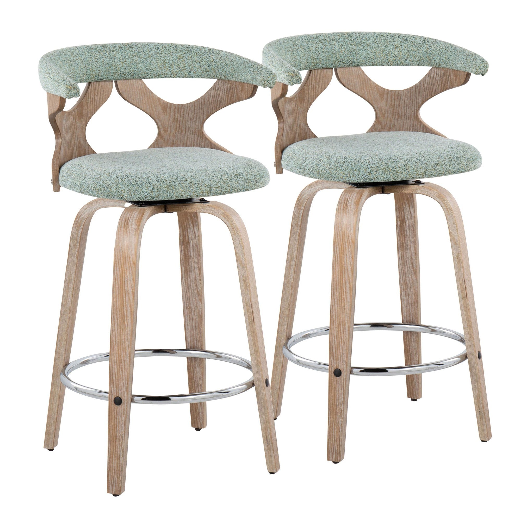 Gardenia 26" Fixed-Height Counter Stool - Set of 2 - Whitewashed Wood, Seafoam Green Fabric, Chrome Metal
