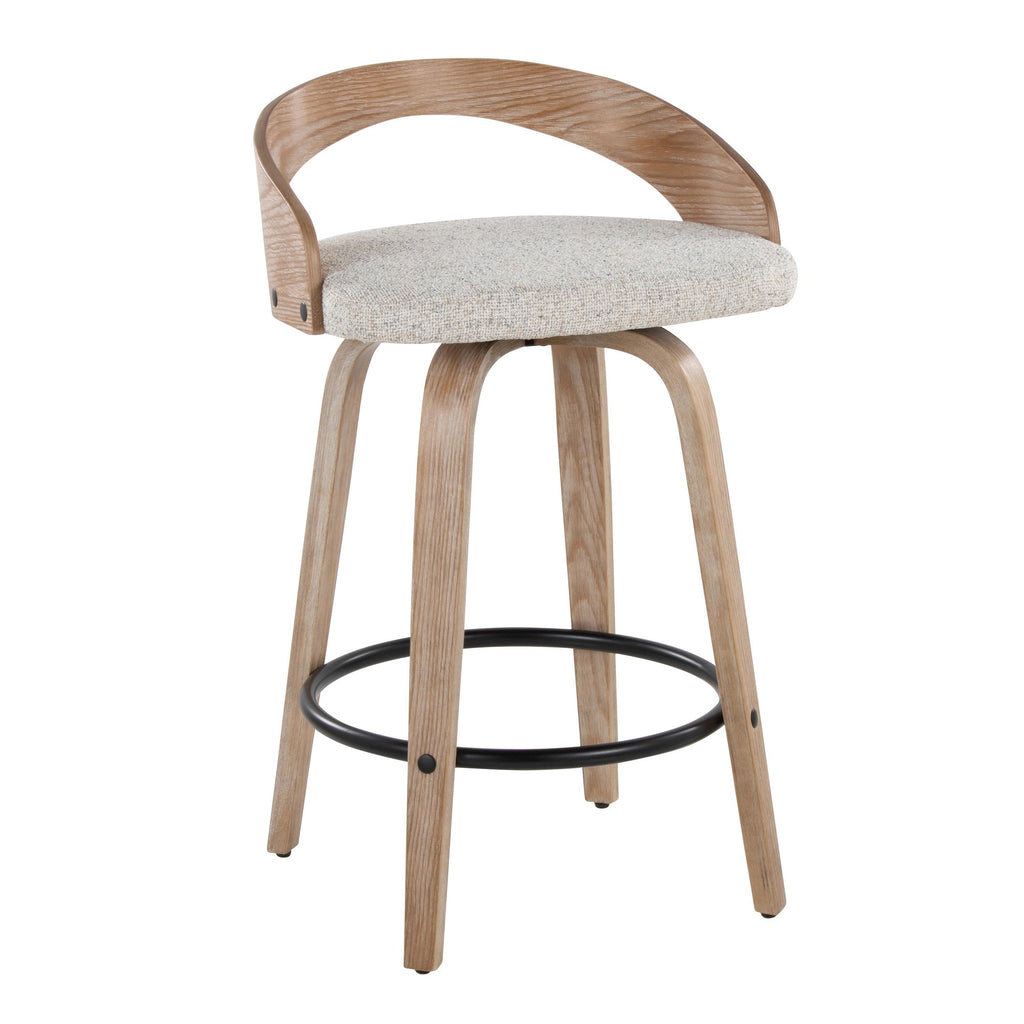 Grotto 26" Fixed-Height Counter Stool - Set of 2 - Whitewashed Wood, Black Metal, Oat Fabric